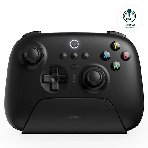 Tay cầm không dây 8BitDo Ultimate 2.4G Controller màu đen đi kèm dock sạc, nổi bật với công nghệ Hall Effect chống drift.