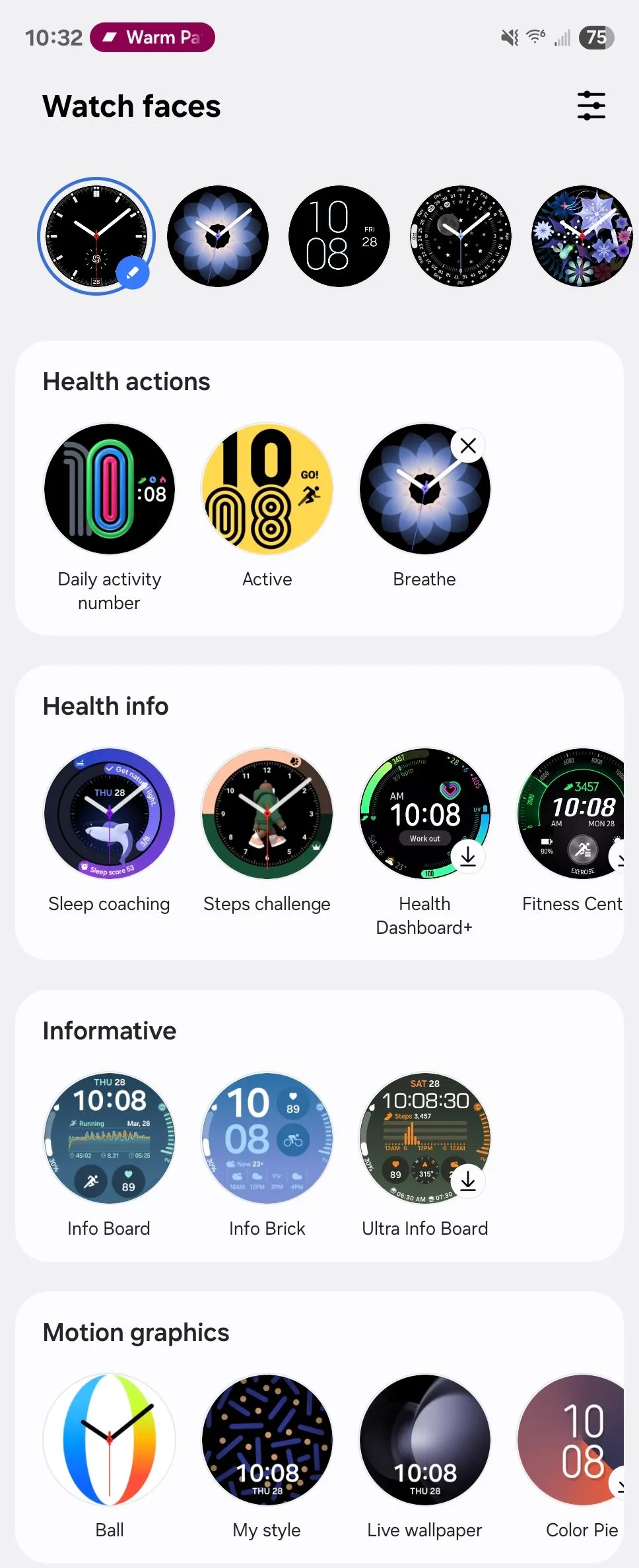 Thao tác chọn mặt đồng hồ trên Galaxy Watch 6 để truy cập tính năng thở nhanh