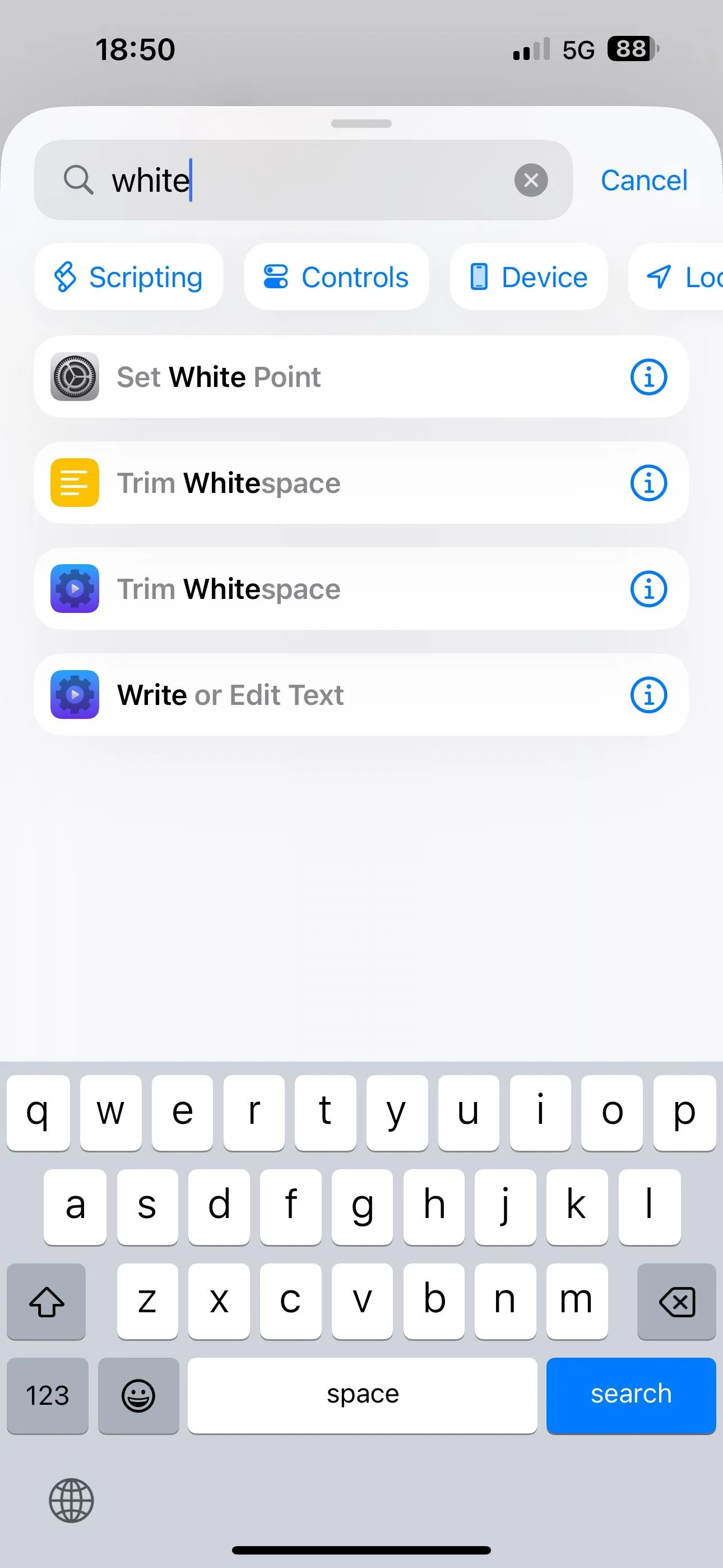 Thêm hành động 'Đặt Điểm trắng' (Set White Point) vào quy trình tạo phím tắt tự động trên iPhone.