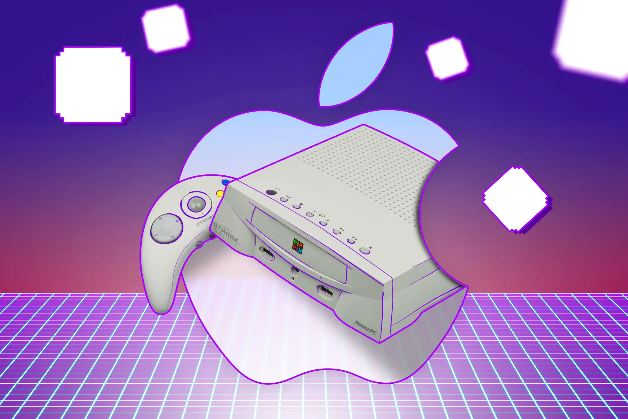 Thiết bị console Apple Pippin đặt trên nền phong cách gaming retro.