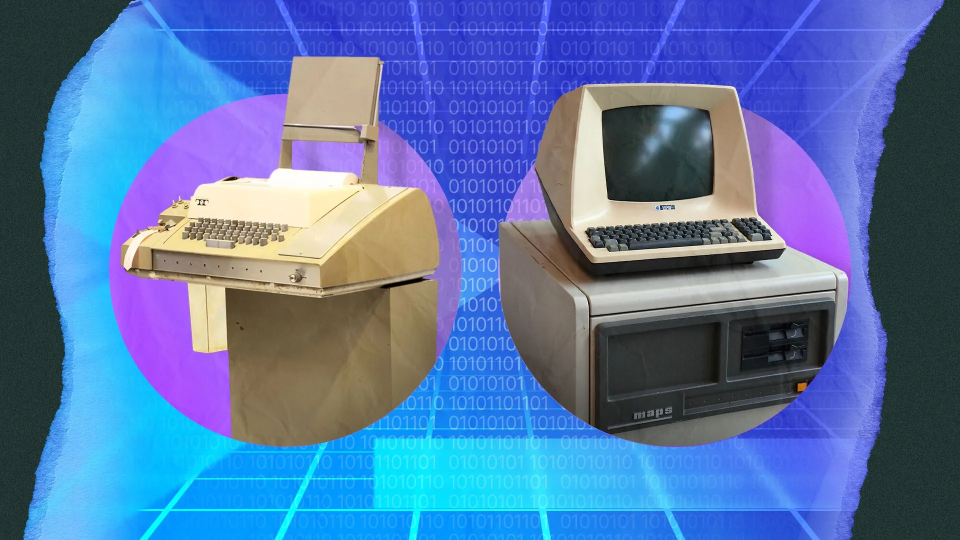 Thiết bị điện báo chữ in (teletype) bên cạnh một thiết bị đầu cuối Televideo trong bối cảnh cổ điển, minh họa hệ thống máy tính thời kỳ đầu