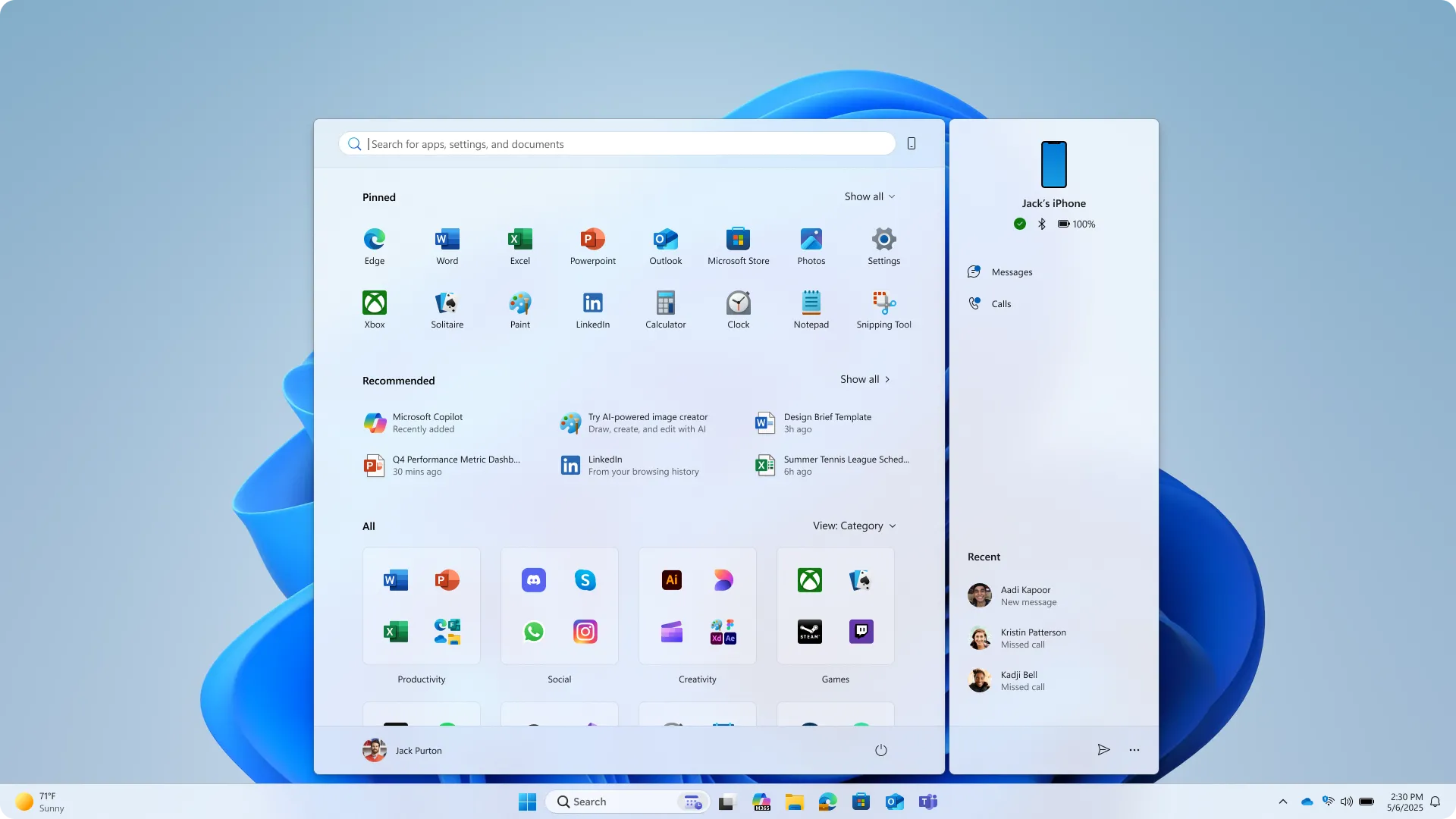 Thiết kế Start Menu Windows 11 mới với các phần ứng dụng ghim, Recommended và danh mục ứng dụng được phân loại.