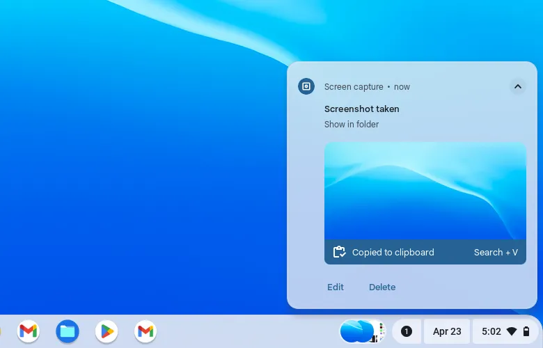 Thông báo chụp màn hình trên hệ điều hành ChromeOS hiển thị ảnh vừa chụp