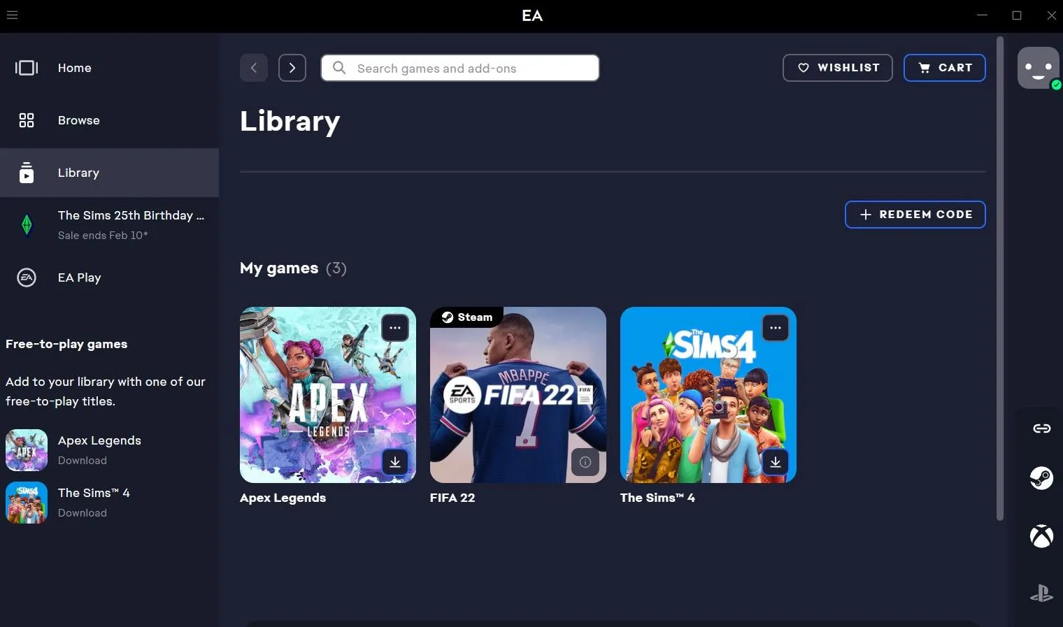 Thư viện game trên ứng dụng EA app dành cho Windows 11, hiển thị các trò chơi sẵn sàng để truy cập.