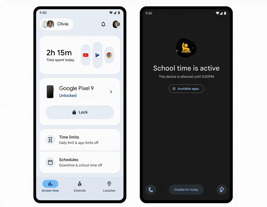 Tính năng "Thời gian học tập" (School Time) trong Google Family Link giúp hạn chế điện thoại khi đang ở trường