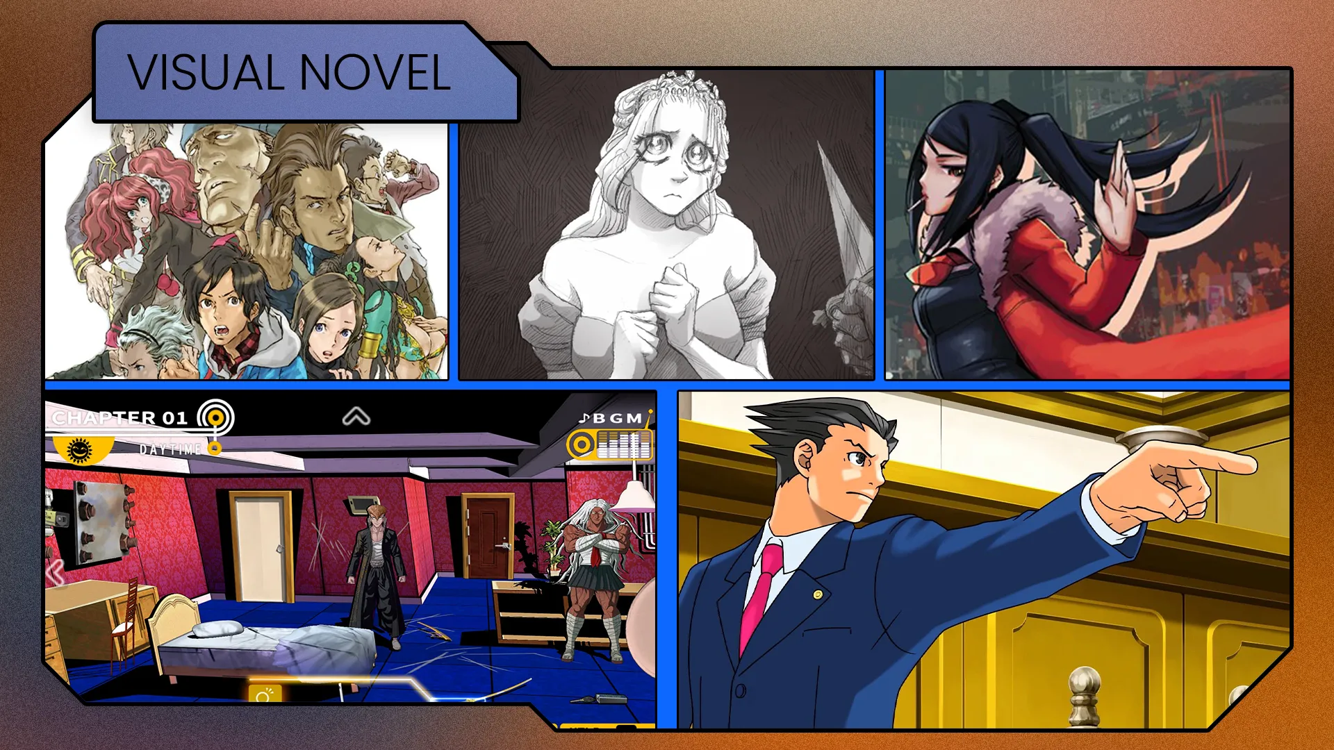 Tổng hợp hình ảnh các nhân vật từ nhiều visual novel khác nhau, minh họa thể loại game.
