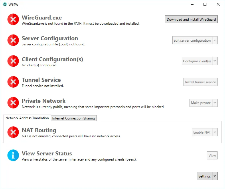 Trang chính giao diện Wg Server for Windows