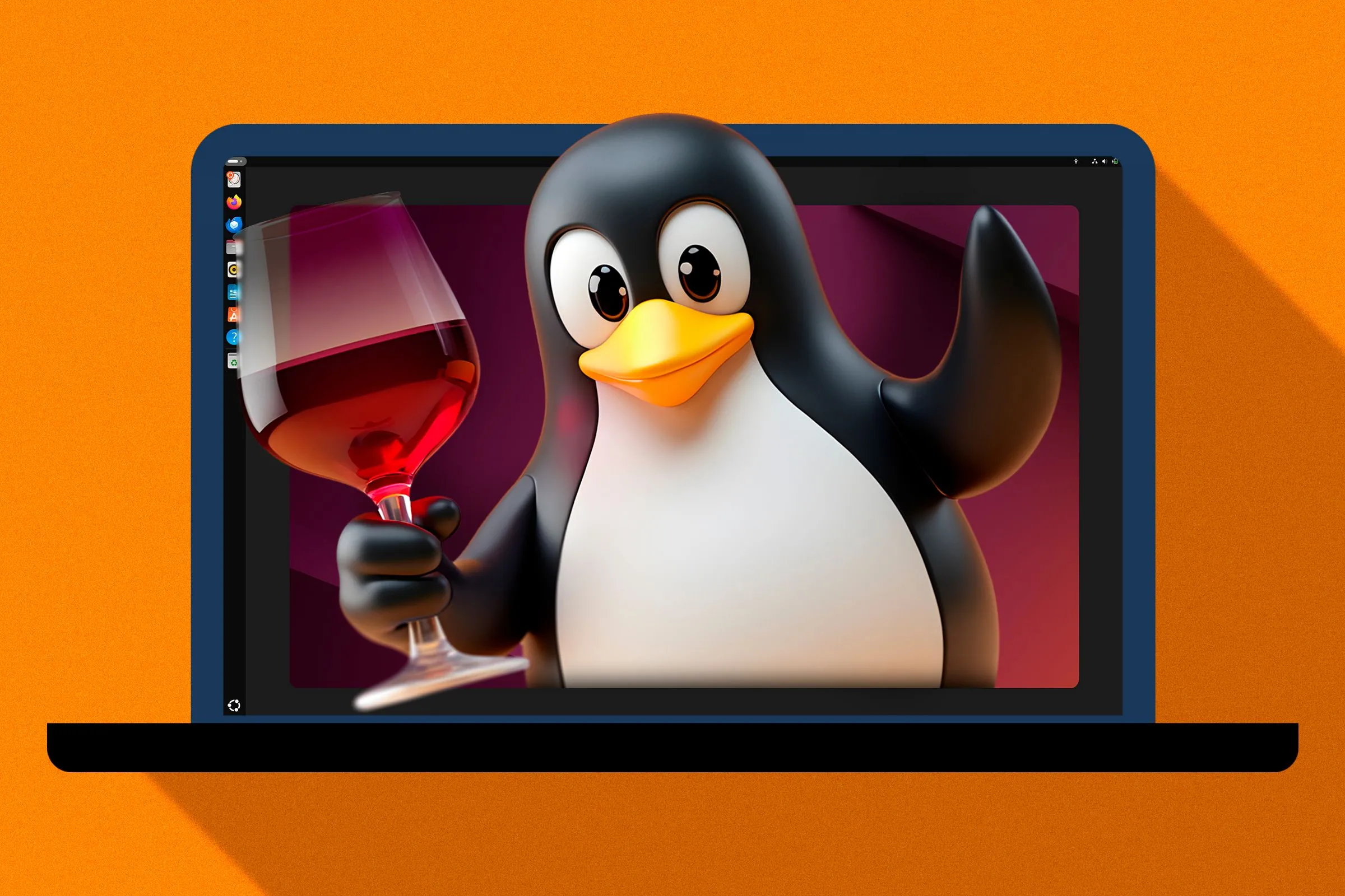 Tux, linh vật Linux, trên màn hình laptop cầm ly rượu Wine tượng trưng cho phần mềm Wine.