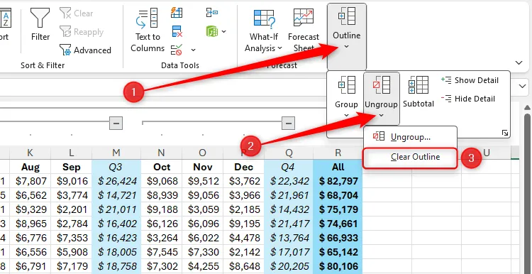 Tùy chọn Clear Outline trong thẻ Data trên thanh Ribbon của Excel để xóa tất cả nhóm