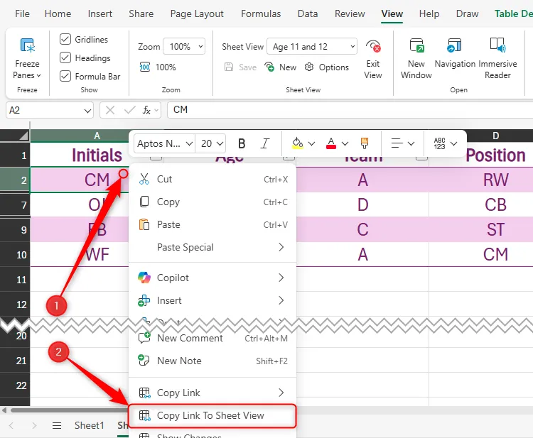 Tùy chọn Copy Link To Sheet View trong menu chuột phải của một ô trong Excel for the web