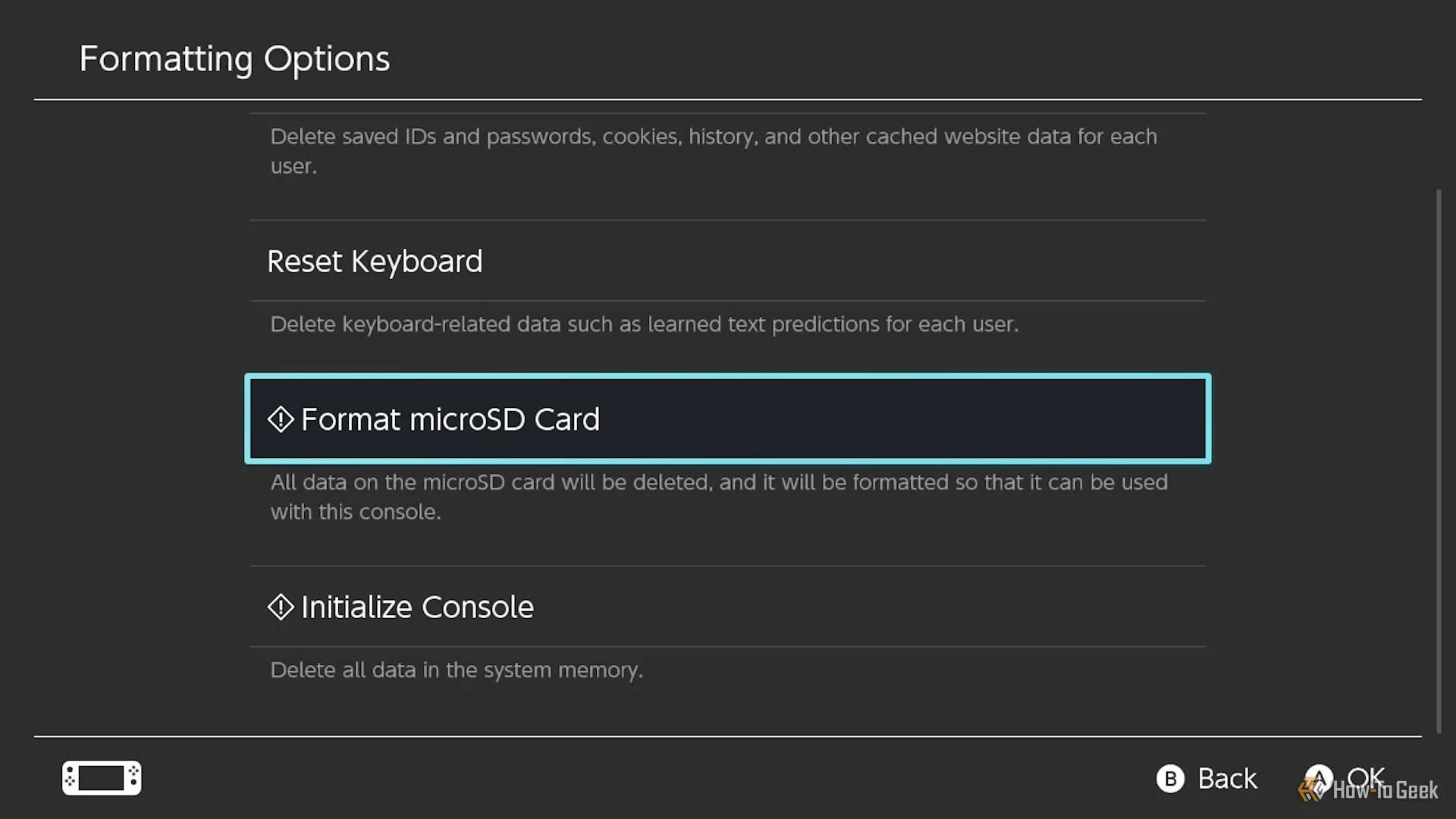 Tùy chọn định dạng thẻ nhớ microSD được đánh dấu trong menu hệ thống Switch