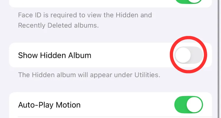 Tùy chọn &quot;Hiện Album Bị Ẩn&quot; trong cài đặt ứng dụng Ảnh trên iPhone
