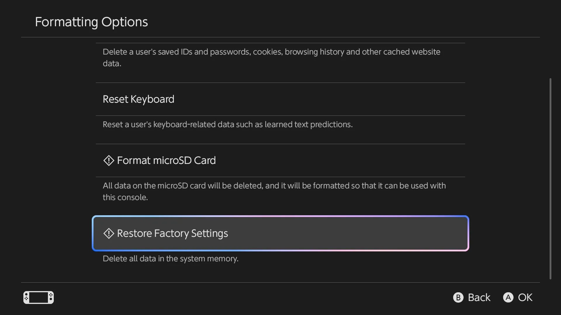 Tùy chọn Khôi phục cài đặt gốc (Restore Factory Settings) trong phần Cài đặt hệ thống của Nintendo Switch để chuẩn bị chuyển dữ liệu.