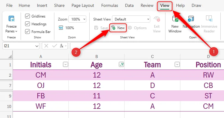 Tùy chọn New Sheet View trong tab View trên thanh ribbon của Excel for the web, cho phép tạo chế độ xem trang tính tùy chỉnh