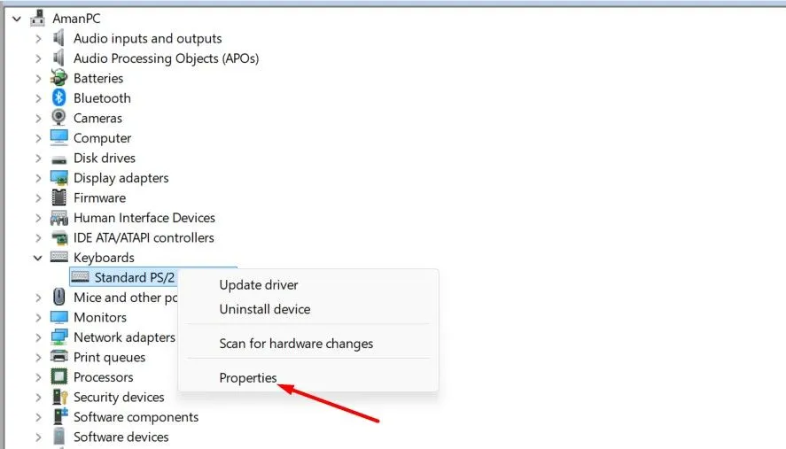 Tùy chọn Properties cho thiết bị trong Device Manager trên Windows 11
