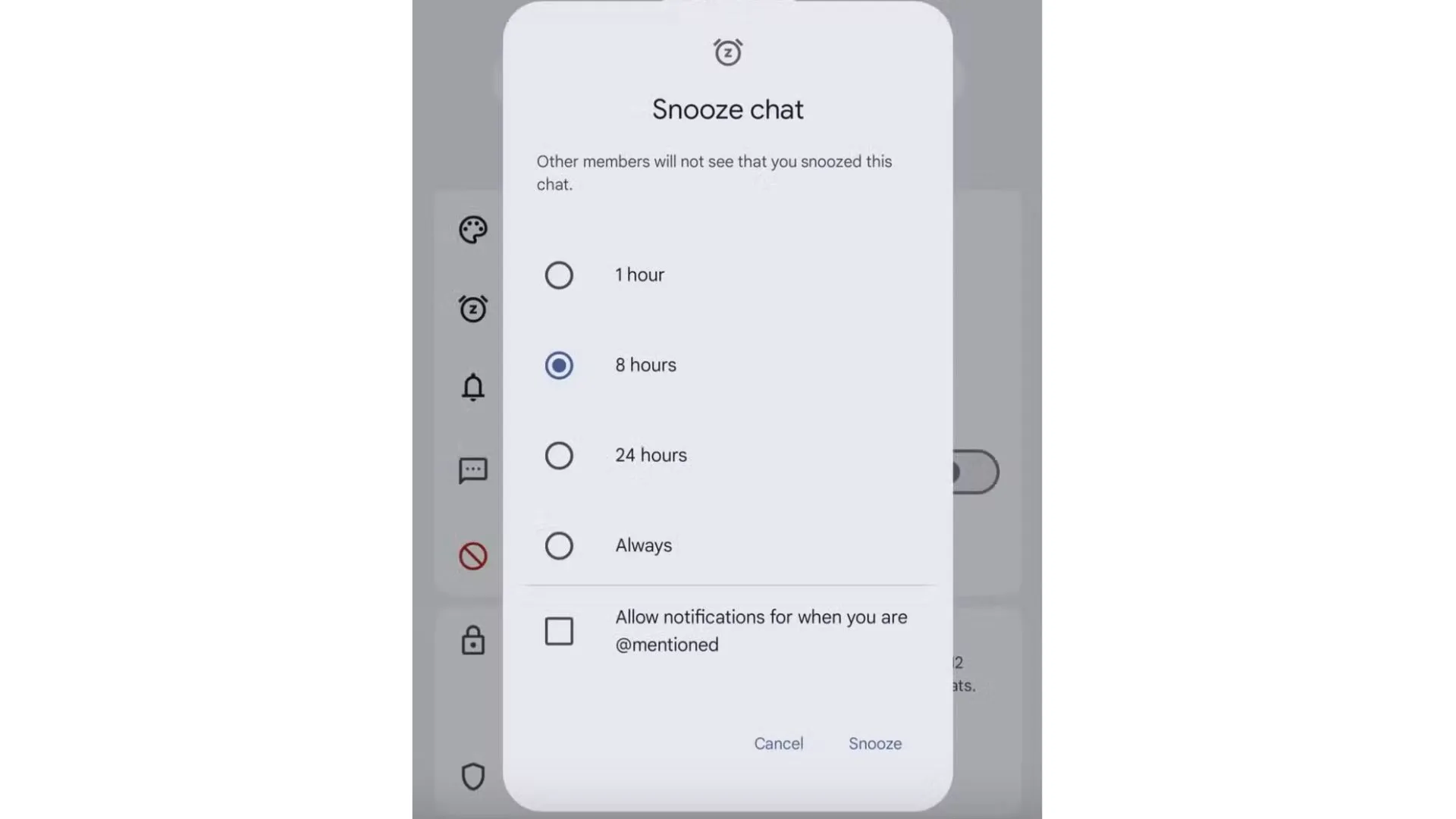 Tùy chọn tạm ẩn trò chuyện (Snooze chat) trong Google Messages với các mốc thời gian linh hoạt.
