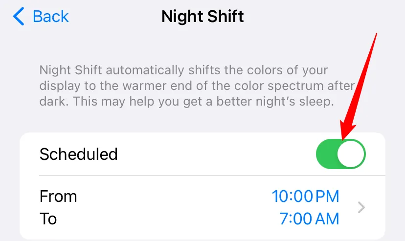 Tùy chọn Tắt tính năng Theo lịch trình (Scheduled) của Night Shift trên iPhone