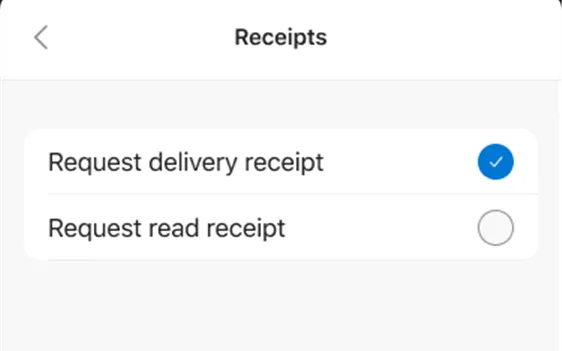 Tùy chọn yêu cầu các loại biên nhận email khác nhau trong ứng dụng Microsoft Outlook di động
