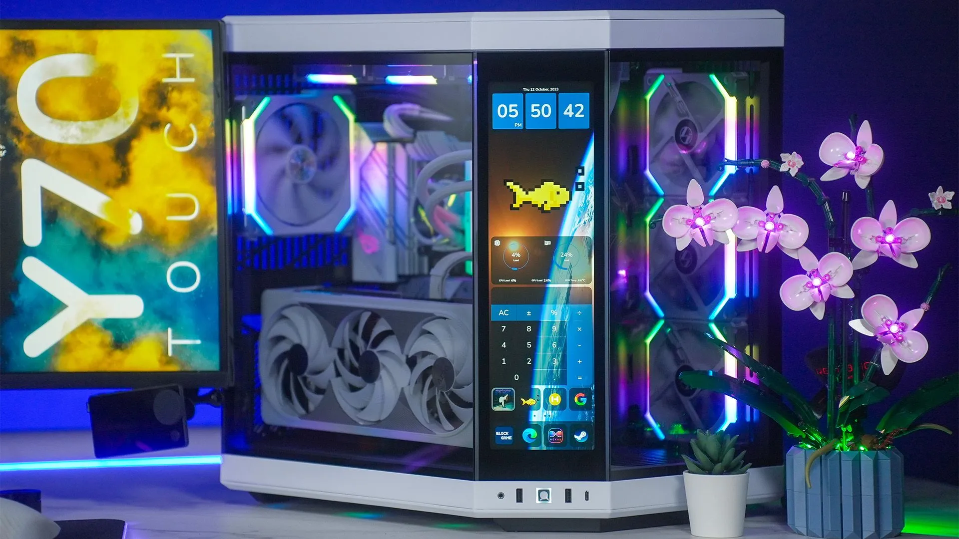 Vỏ case PC HYTE Y70 Touch cao cấp với màn hình cảm ứng, thể hiện sự cần thiết của bộ lọc bụi hiệu quả.