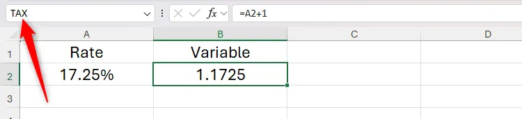 A cell in Excel is renamed TAX in the name box.