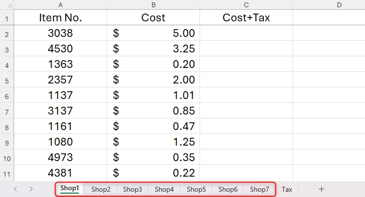 A Microsoft Excel workbook containing individual worksheets with product data for seven shops.