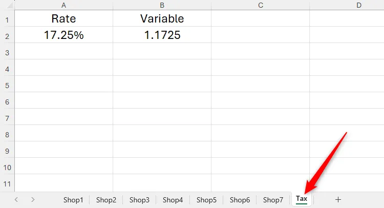 A worksheet in Excel named Tax, which contains the tax rate and the resultant multiplication variable.