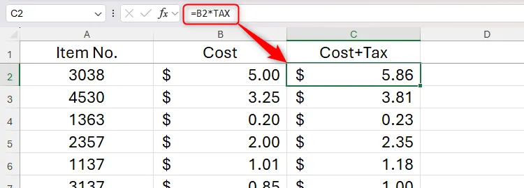 An Excel formula that references a cell named TAX.