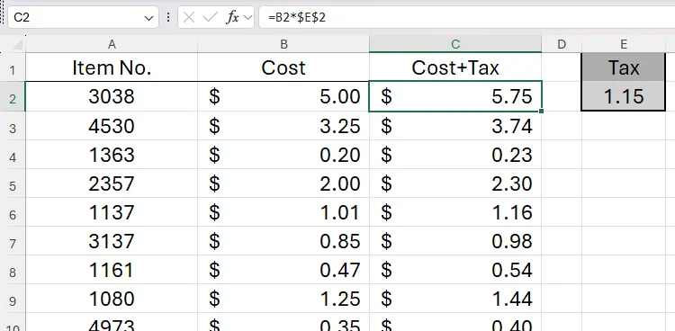 An Excel spreadsheet containing formulas that reference a cell to calculate the tax.