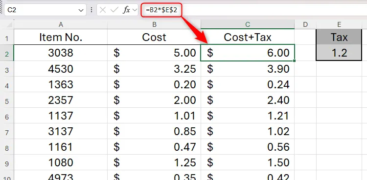 An Excel spreadsheet containing the cost of various items, and their overall cost when tax, which is stated in a separate cell, is added.