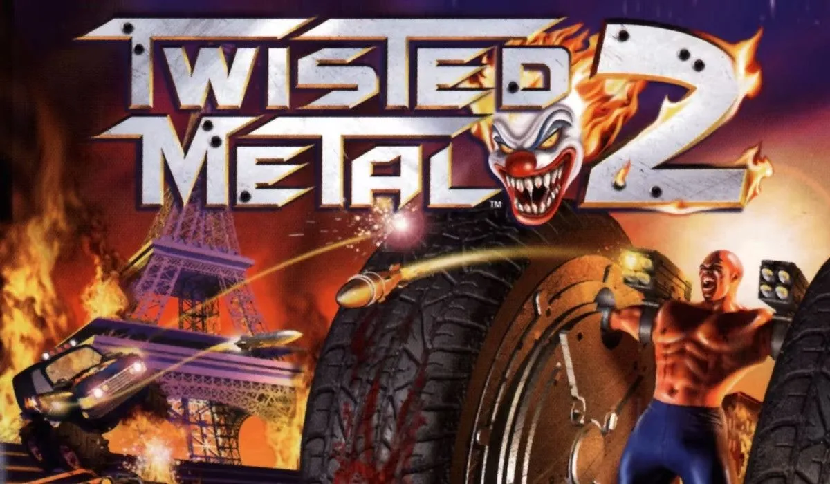 Ảnh bìa game Twisted Metal 2 với hình ảnh các phương tiện chiến đấu.