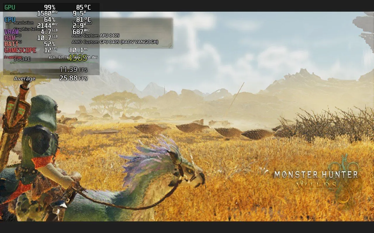 Ảnh chụp màn hình Benchmark của Monster Hunter Wilds được thực hiện trên Steam Deck.