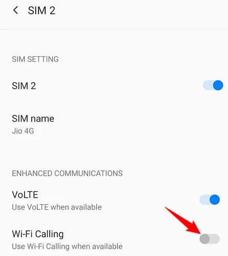 Ảnh chụp màn hình cài đặt Android hiển thị tùy chọn bật/tắt Wi-Fi Calling.