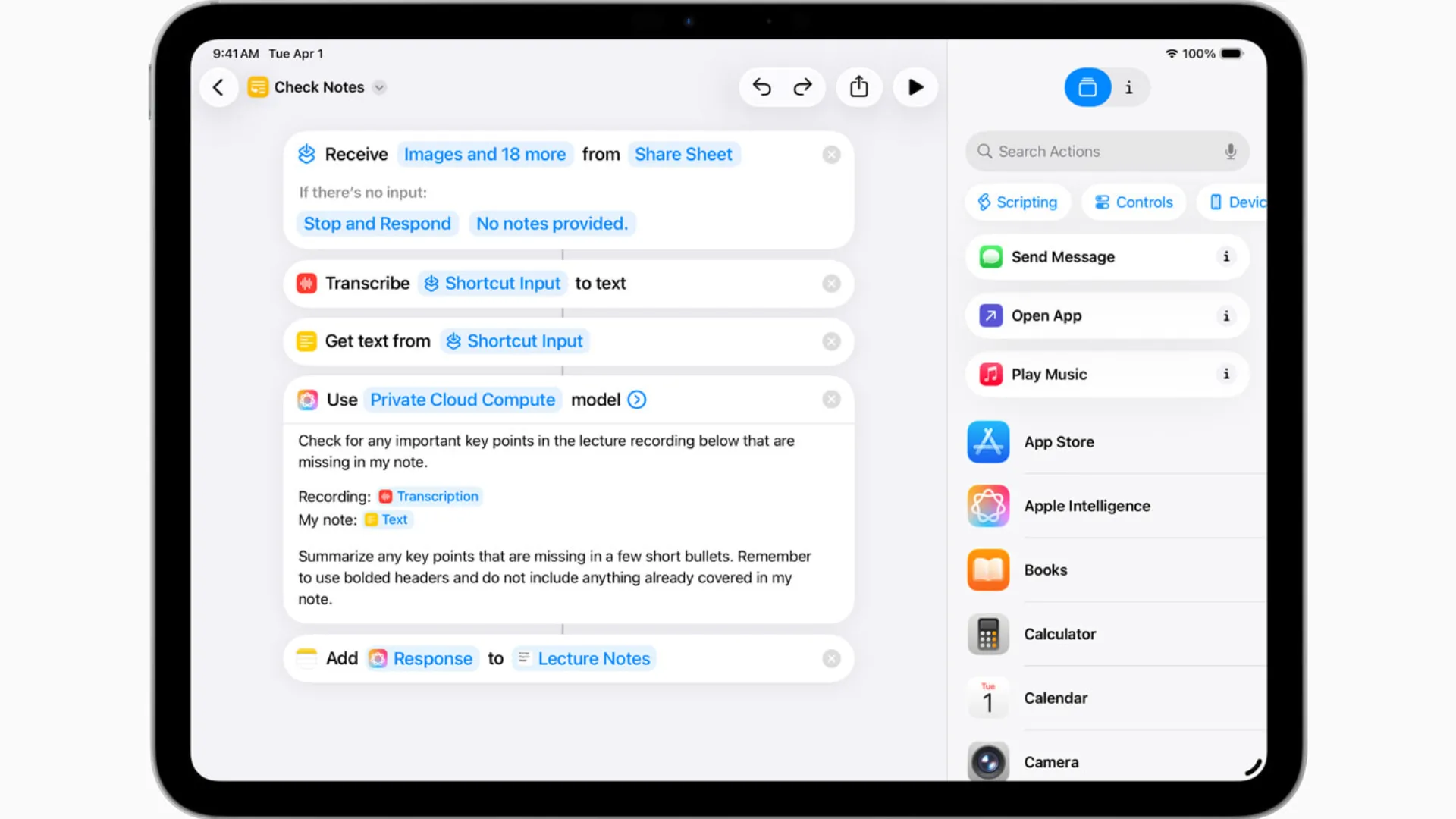 Ảnh chụp màn hình iPadOS 26 hiển thị các luồng công việc AI trong ứng dụng Phím tắt.