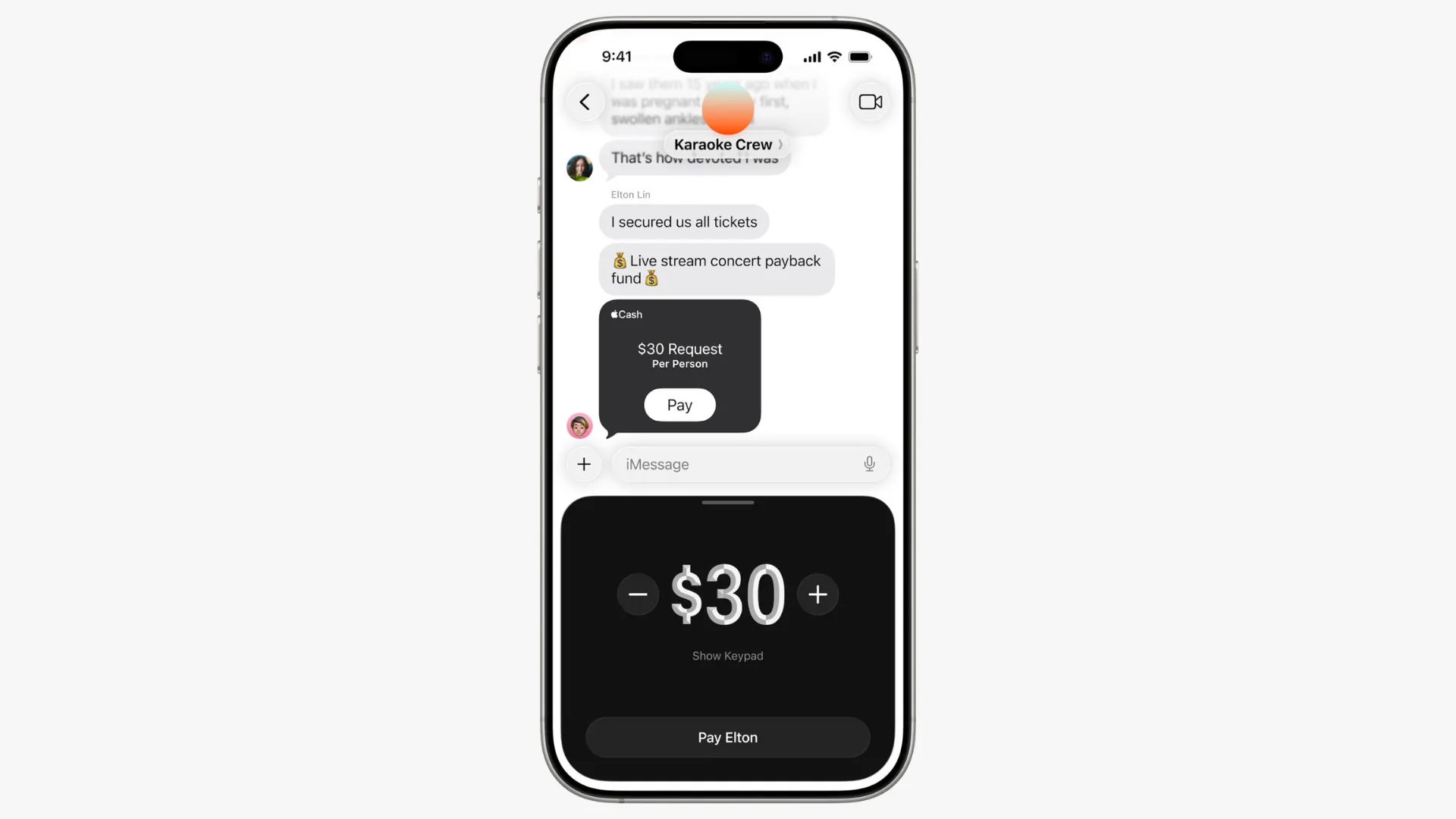 Ảnh chụp màn hình Tin nhắn Apple với yêu cầu Apple Cash trên màn hình.