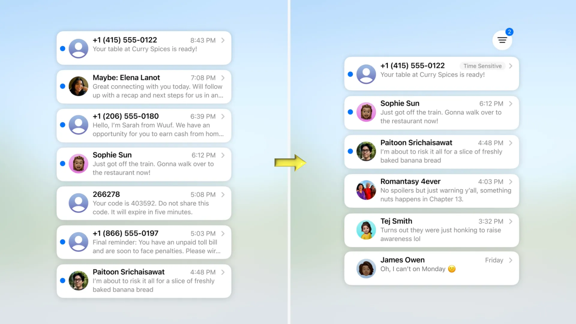 Ảnh chụp màn hình tính năng lọc tin nhắn trong Tin nhắn Apple với iOS 26.
