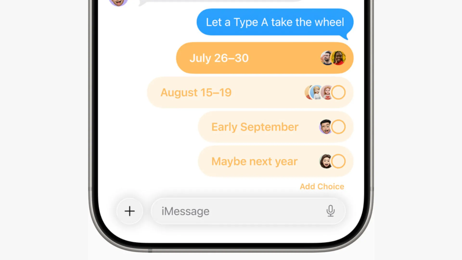 Ảnh chụp màn hình tính năng thăm dò ý kiến trong Tin nhắn Apple với iOS 26.