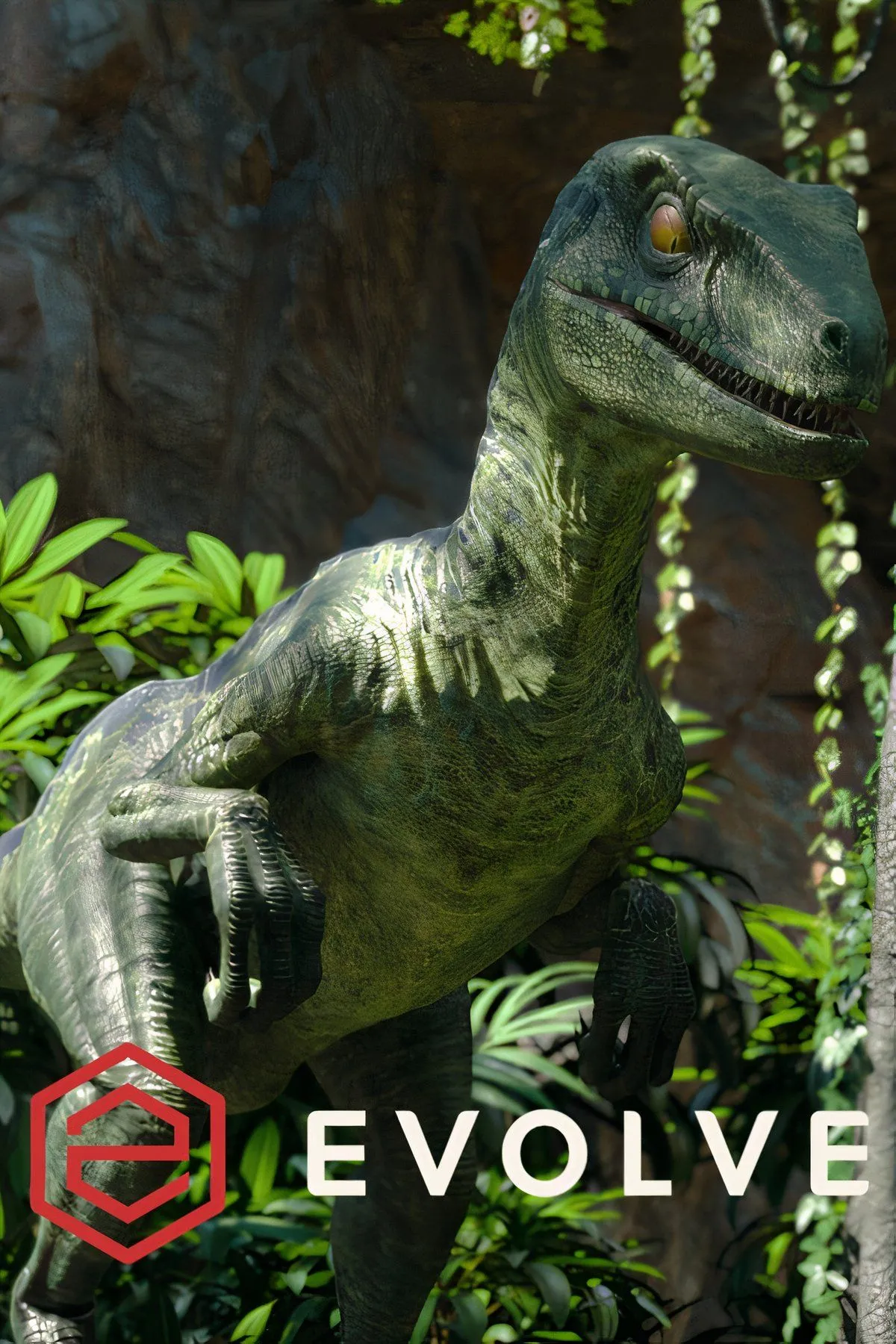 Ảnh game Evolve với bốn thợ săn phối hợp đối đầu quái vật khổng lồ trong một môi trường rừng rậm, minh họa gameplay săn bắn đặc trưng.