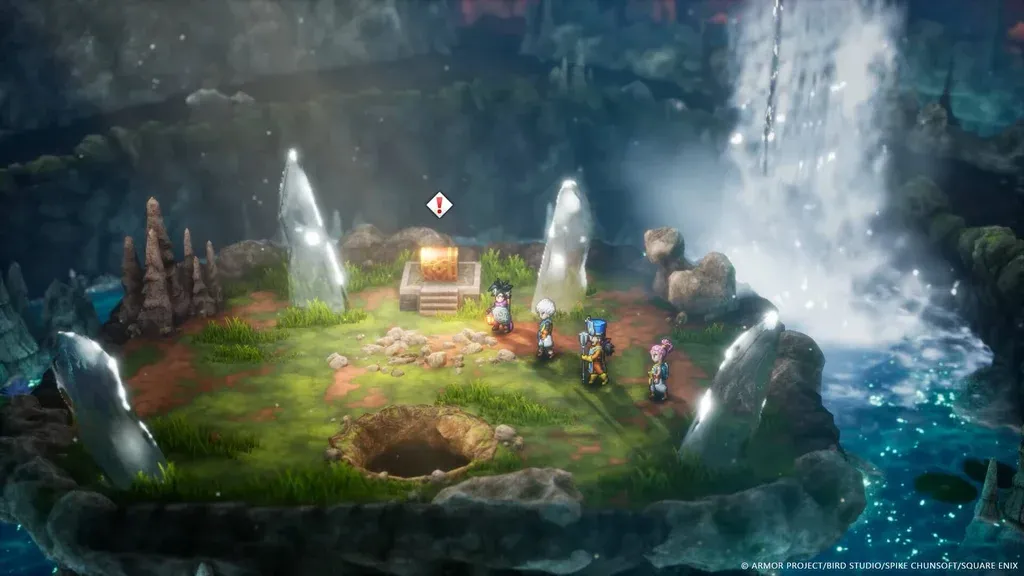 Ảnh giới thiệu Dragon Quest HD-2D Remake, cho thấy sự kết hợp tinh tế giữa đồ họa pixel 2D và hiệu ứng môi trường 3D hiện đại.