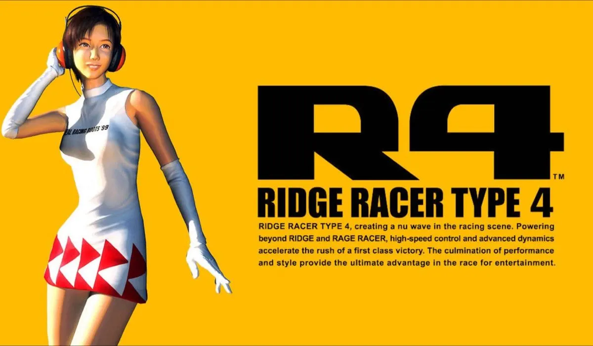 Ảnh quảng bá R4: Ridge Racer Type 4 với xe đua tốc độ.