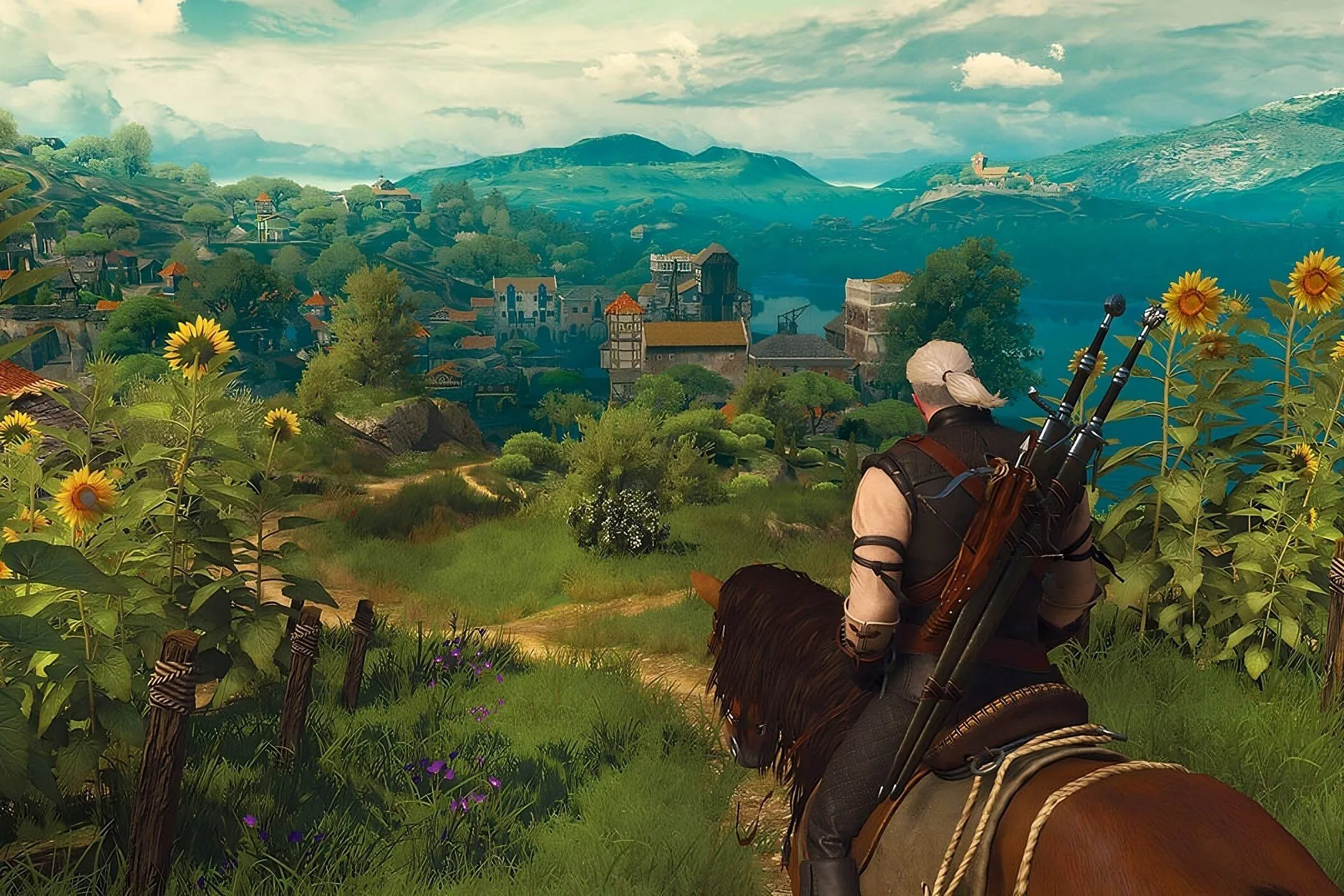 Ảnh quảng cáo từ The Witcher 3 với nhân vật chính Geralt đối mặt với quái vật.