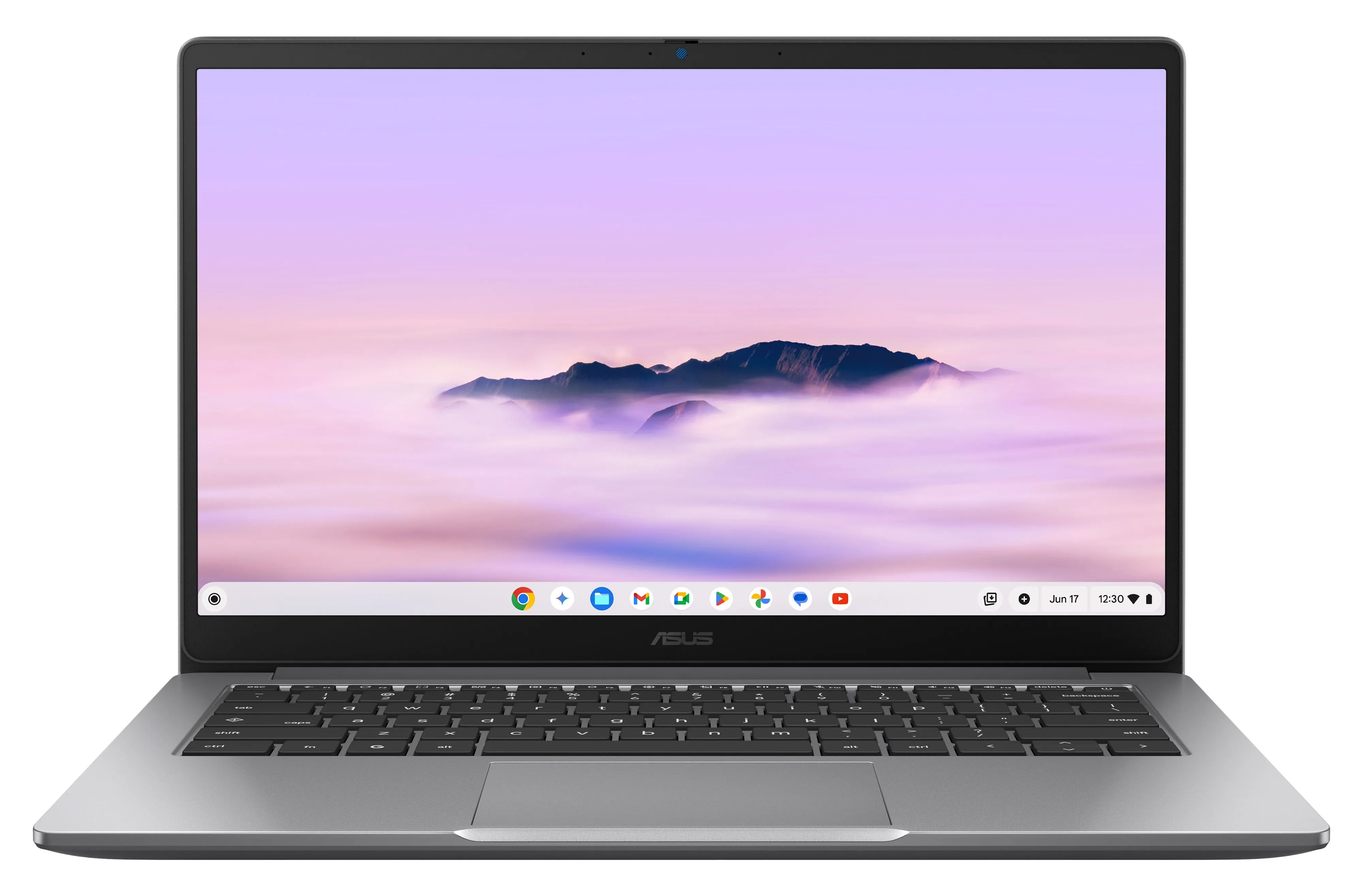 ASUS Chromebook Plus CX14 màu xám nhìn từ phía trước, nhấn mạnh màn hình sắc nét và thiết kế hiện đại, tích hợp AI.