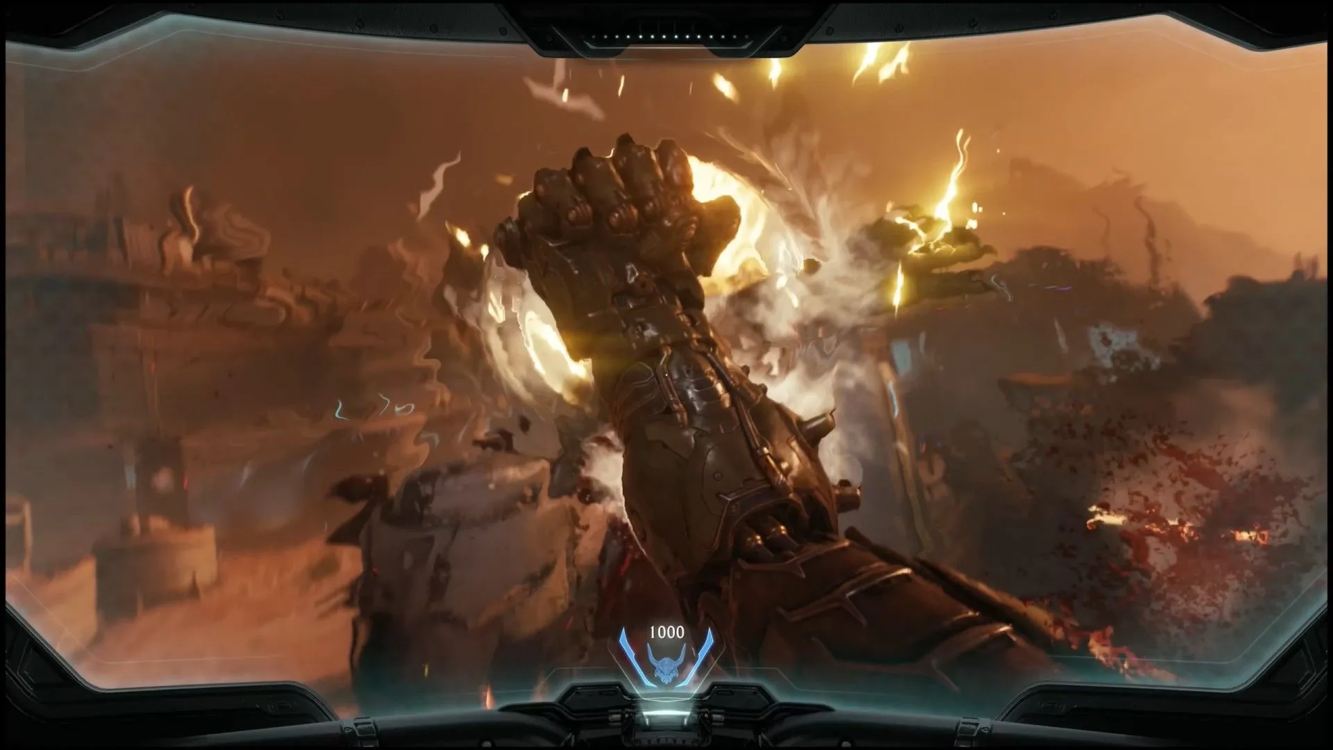 Atlan mech tung cú đấm móc vào một con quỷ trong DOOM: The Dark Ages, thể hiện sức mạnh cận chiến