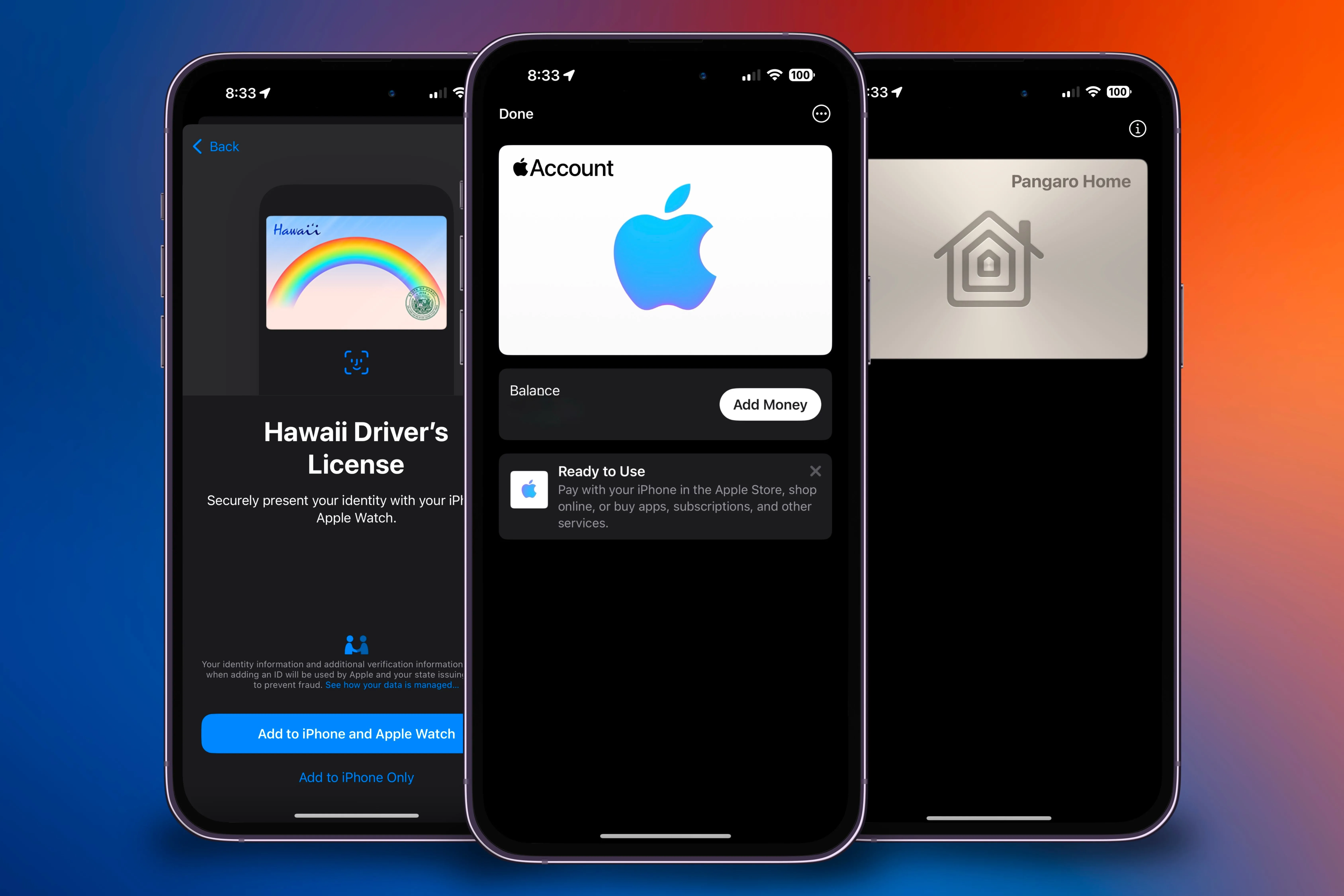 Ba chiếc iPhone hiển thị các loại thẻ được hỗ trợ trong Apple Wallet như thẻ tín dụng và giấy phép lái xe.