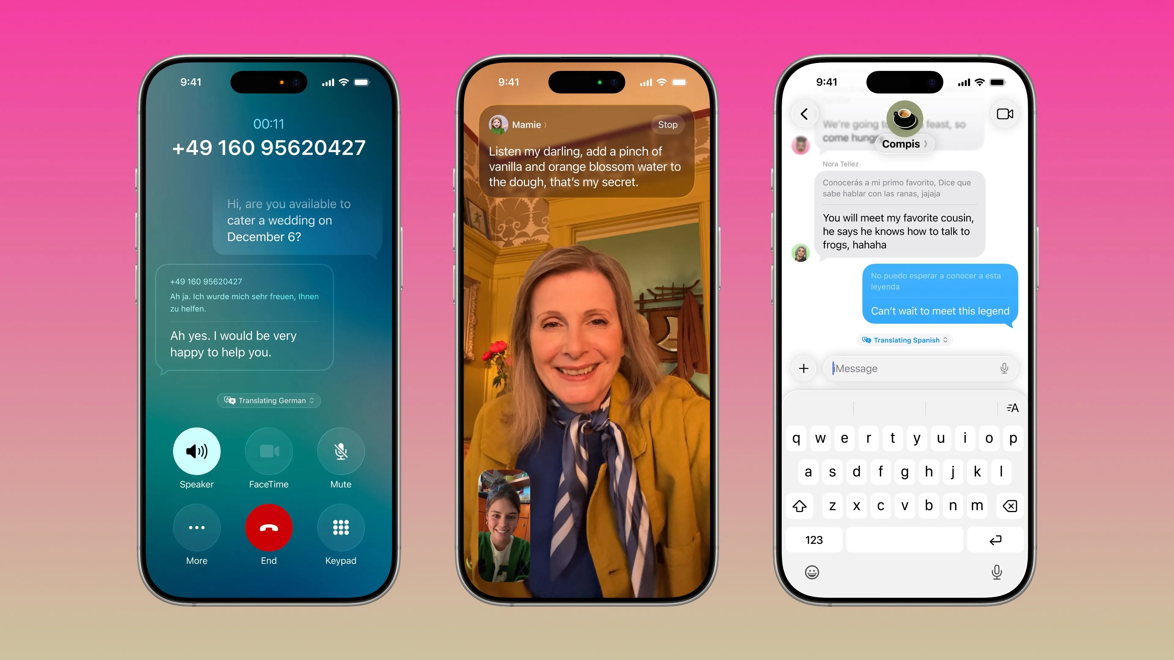 Ba chiếc iPhone minh họa tính năng dịch trực tiếp trong ứng dụng Điện thoại, FaceTime và Tin nhắn trên iOS 26.