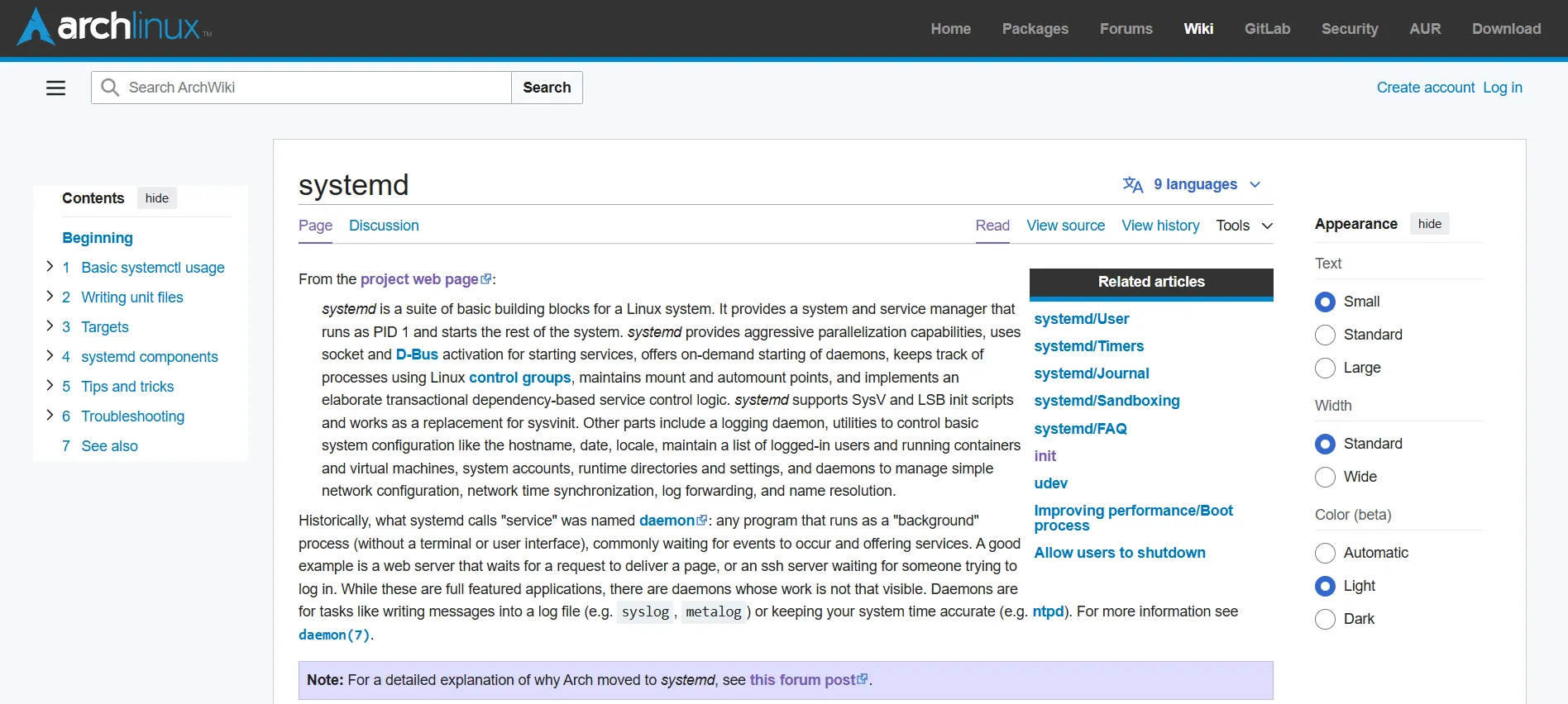 Bài viết về systemd trên Arch Wiki
