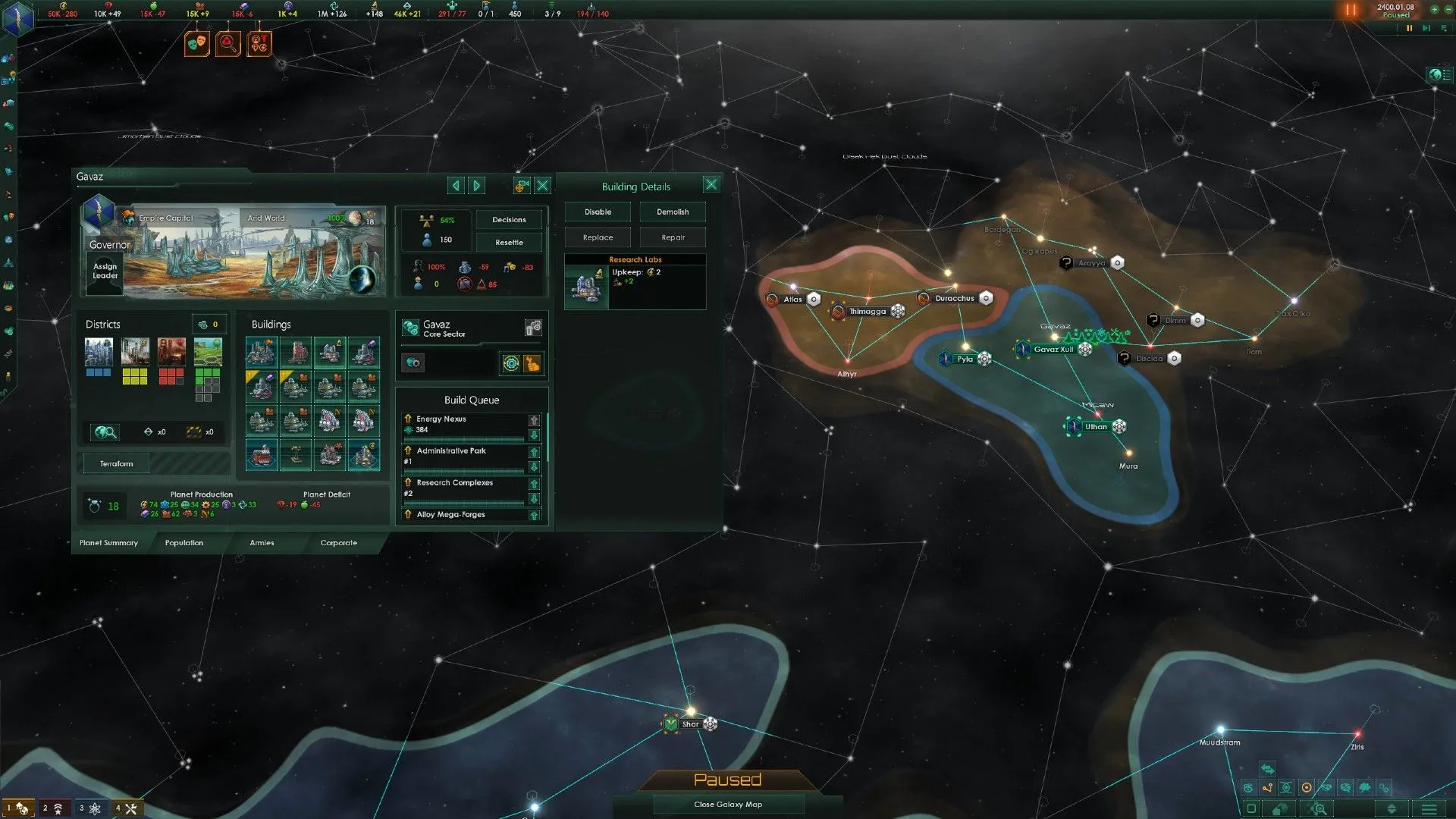 Bản đồ thiên hà của người chơi trong Stellaris, cho thấy sự phát triển của đế chế.