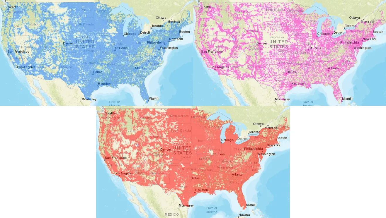 Bản đồ vùng phủ sóng LTE của các nhà mạng lớn như AT&amp;T, T-Mobile và Verizon do FCC cung cấp, giúp so sánh chất lượng mạng.