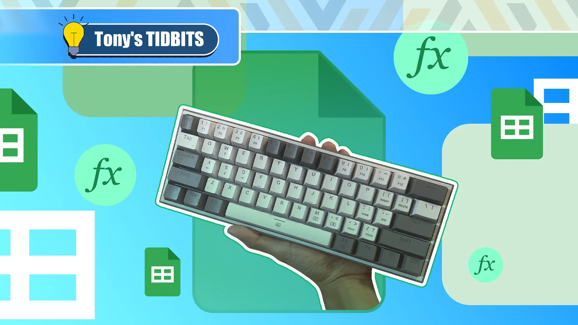 Bàn phím cơ với các biểu tượng Google Sheets và công thức, minh họa việc chỉnh sửa công thức nhanh chóng