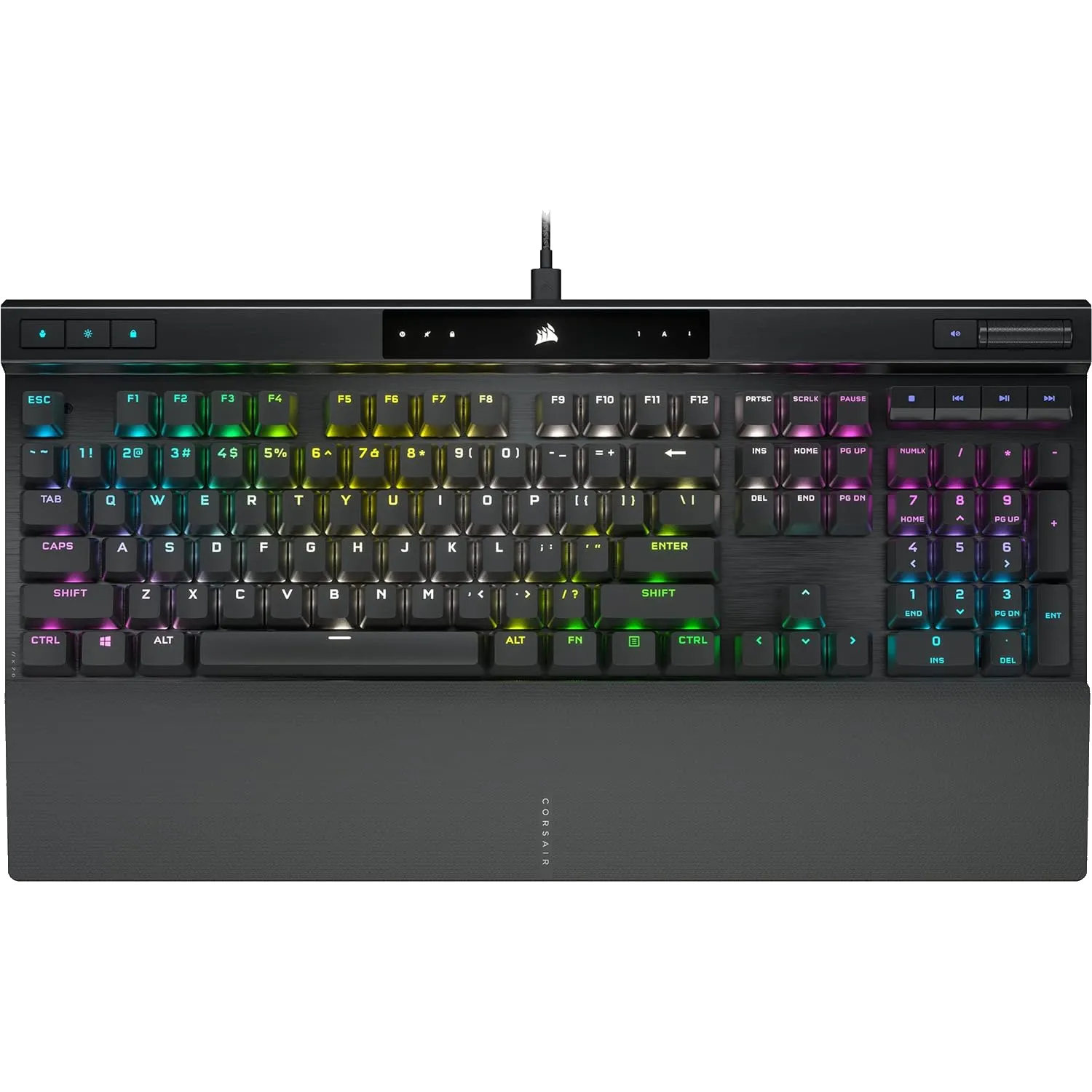 Bàn phím gaming Corsair K70 PRO, nổi bật với các phím media chuyên dụng và nút cuộn âm lượng.