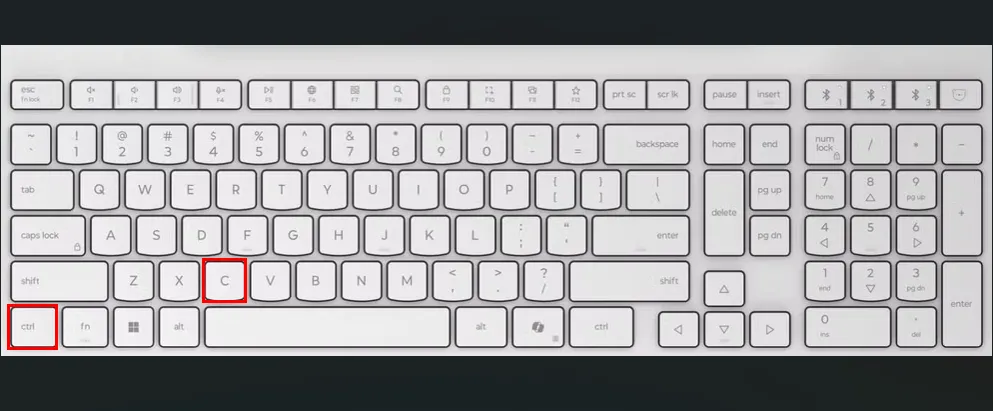 Bàn phím với các phím Ctrl và C được đánh dấu đỏ, minh họa phím tắt sao chép hoặc ngắt lệnh trên Ubuntu.
